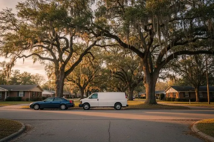 Mobile locksmith service van parked on a residential street in Valdosta GA