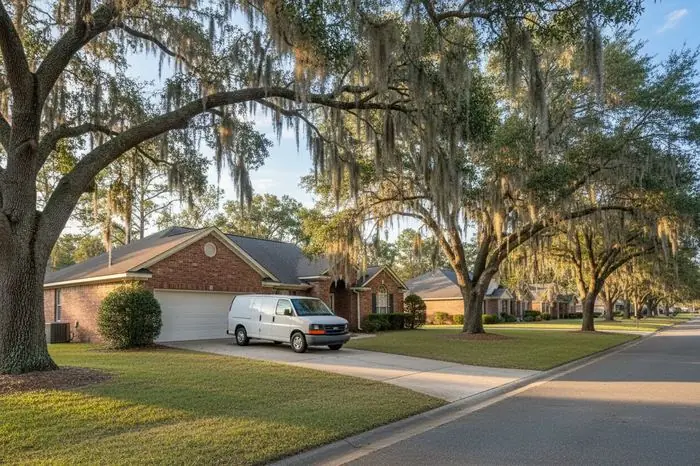 Mobile locksmith service van parked in a home driveway in Valdosta GA