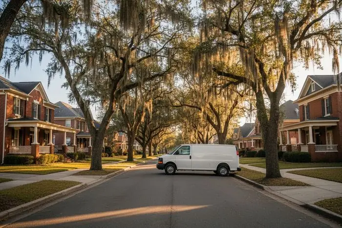 Mobile locksmith service van parked on a residential street in Valdosta GA