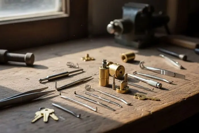Small lock tools and mailbox lock cylinder used by Fast Valdosta Locksmith