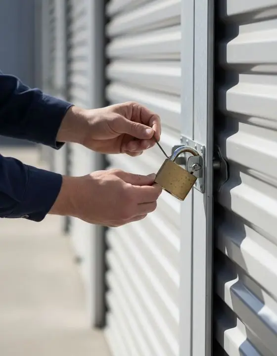 Locksmith technician picking a padlock on a storage unit door in Valdosta GA