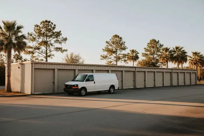 Mobile locksmith service van parked in front of self-storage units in Valdosta GA