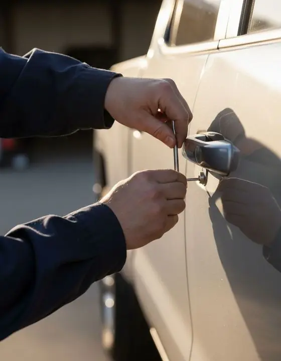 Locksmith technician using a non-destructive entry tool on a pickup truck door lock in Valdosta GA